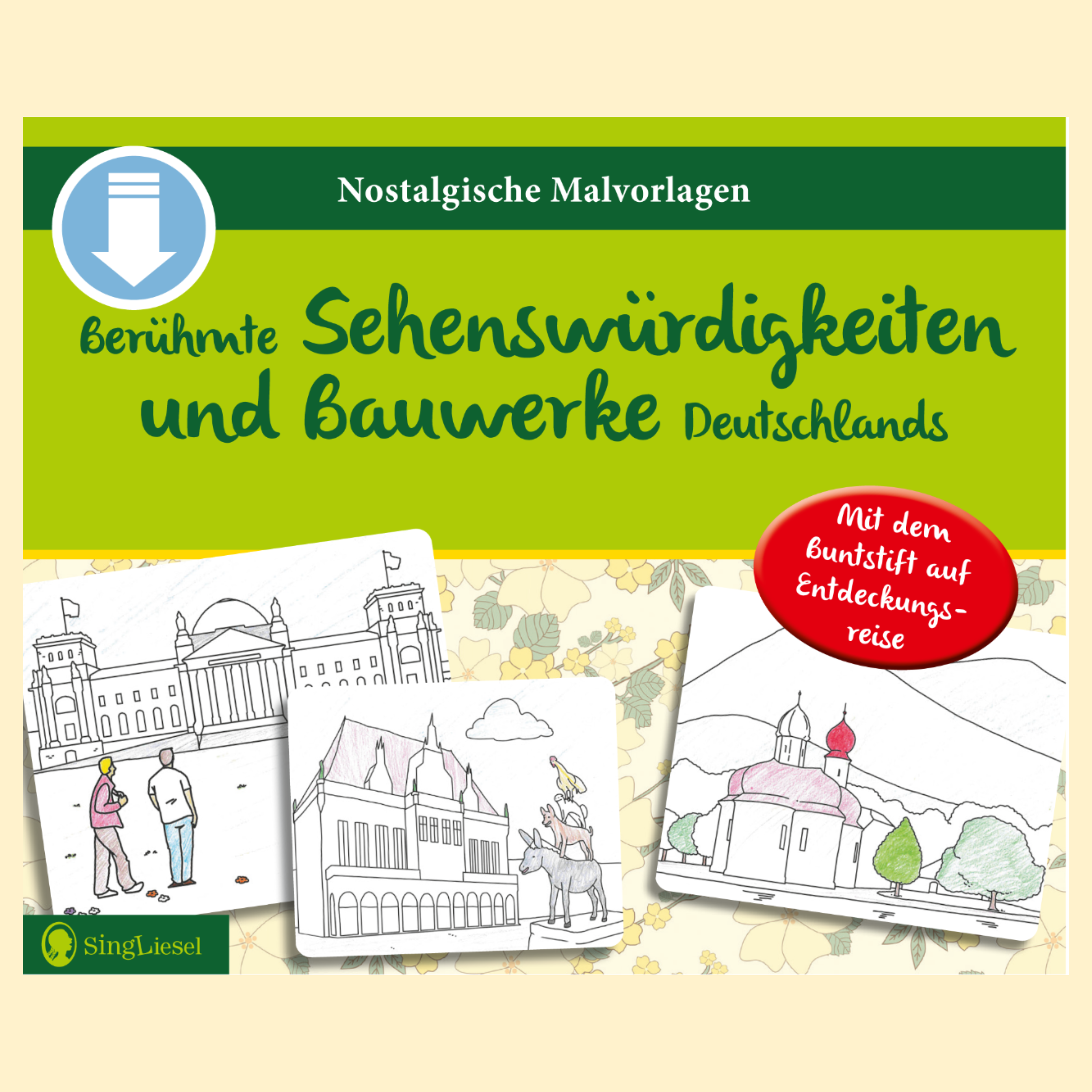 Cover des im Blogbeitrag „Farbenfroher August“ vorgestellten Artikels mit dem Titel: Malvorlagen für Senioren – Berühmte Sehenswürdigkeiten und Bauwerke